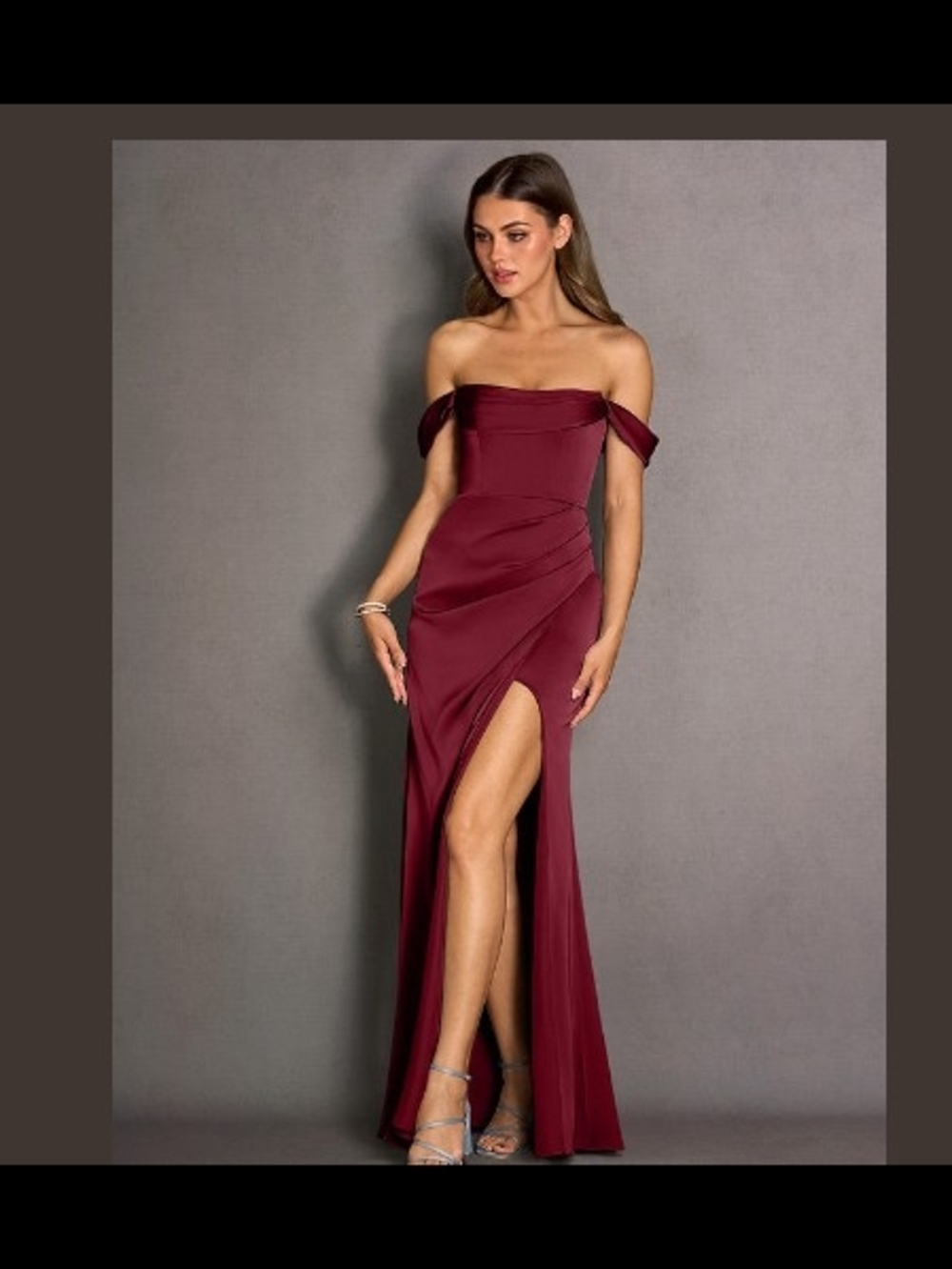 Azazie Burgundy Off-Shoulder Maxi Dress with Thigh Slit